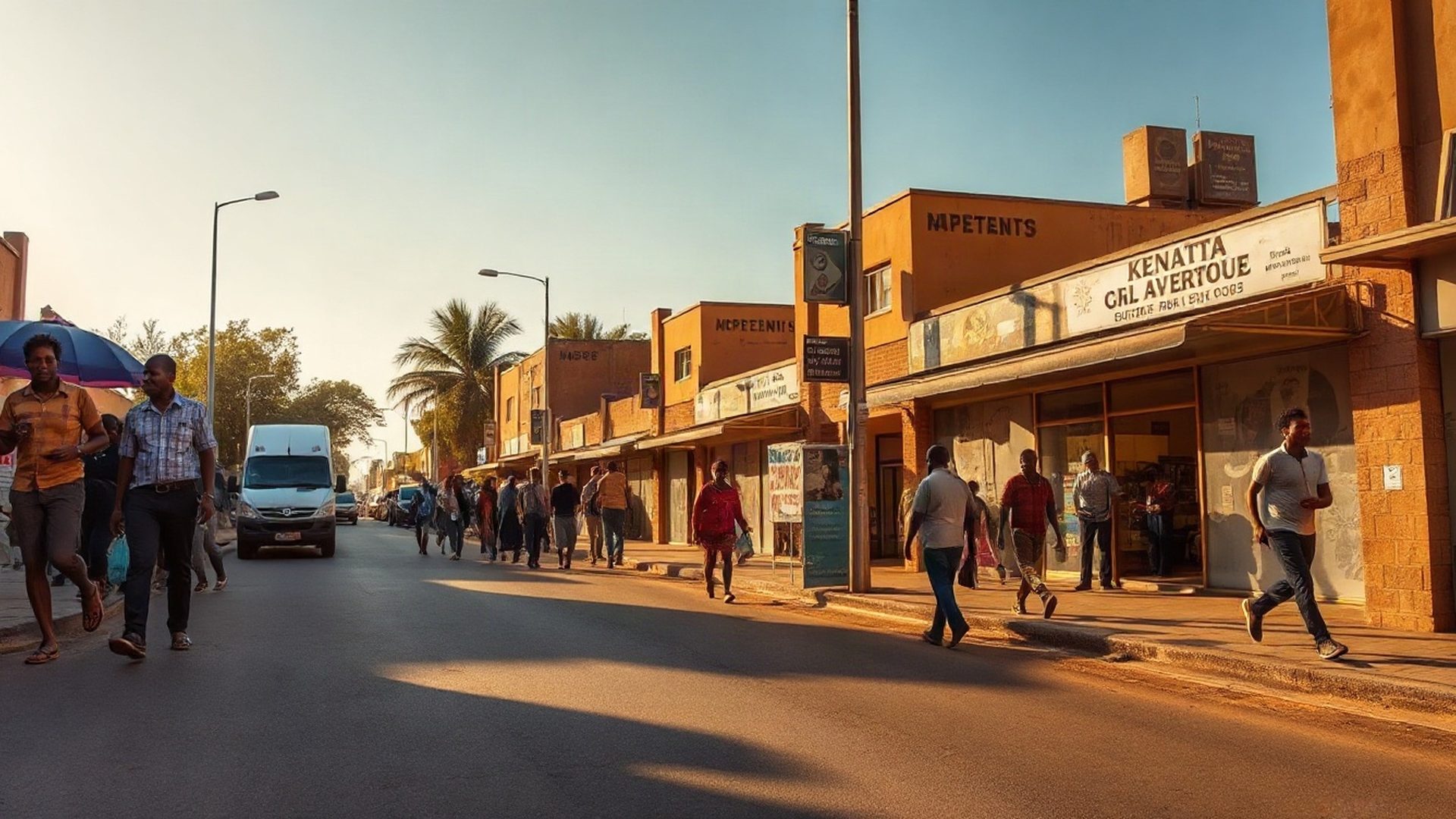 Community members walking along Kenyatta Avenue in Nakuru at golden hour
