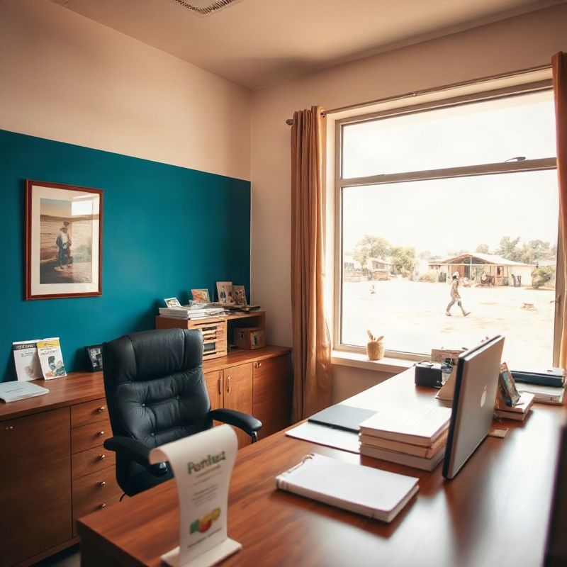 A calm, sunlit professional office interior in Nakuru with an azure accent wall